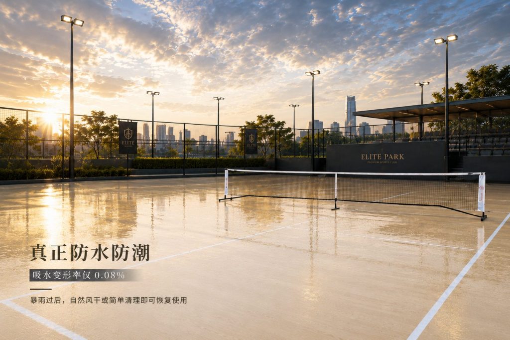 戶外生物基運動球場圖，展示產(chǎn)品防水防潮性能，吸水變形率僅 0.08%，暴雨后易清潔恢復(fù)使用