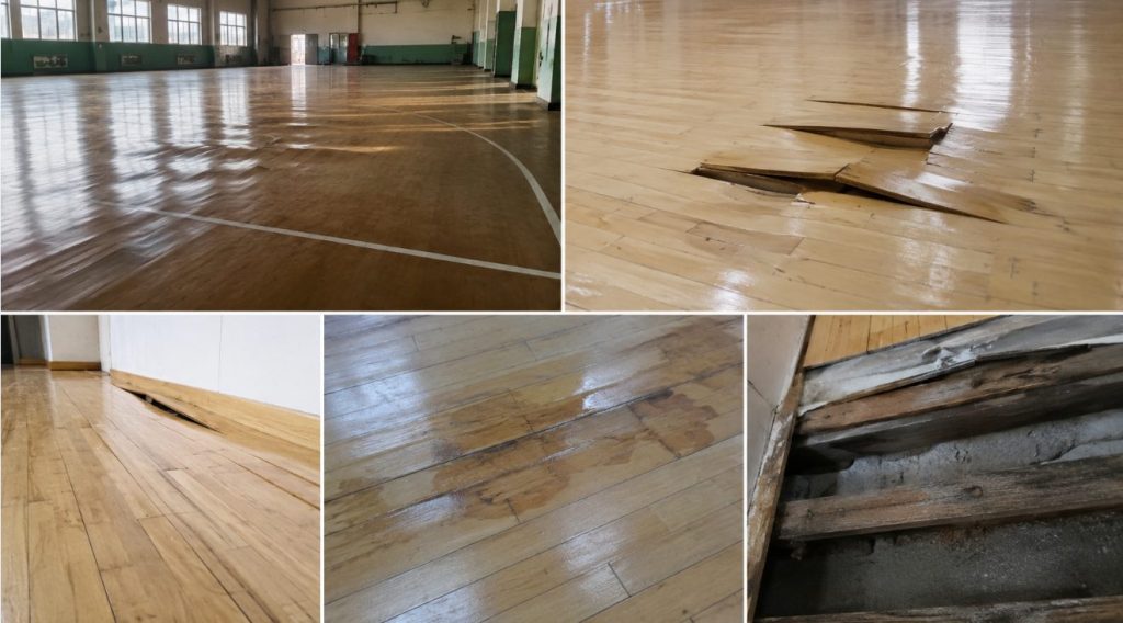 老舊木地板受潮翹曲破損,場館地材受潮變形圖